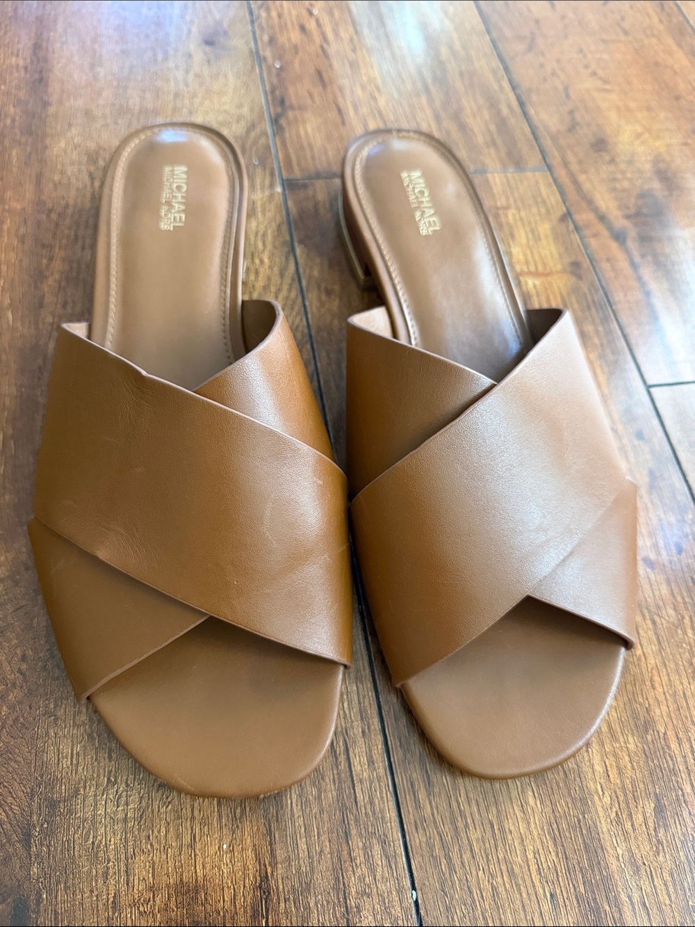 Michael Kors Tan Crisscross Leather Slide Sandals